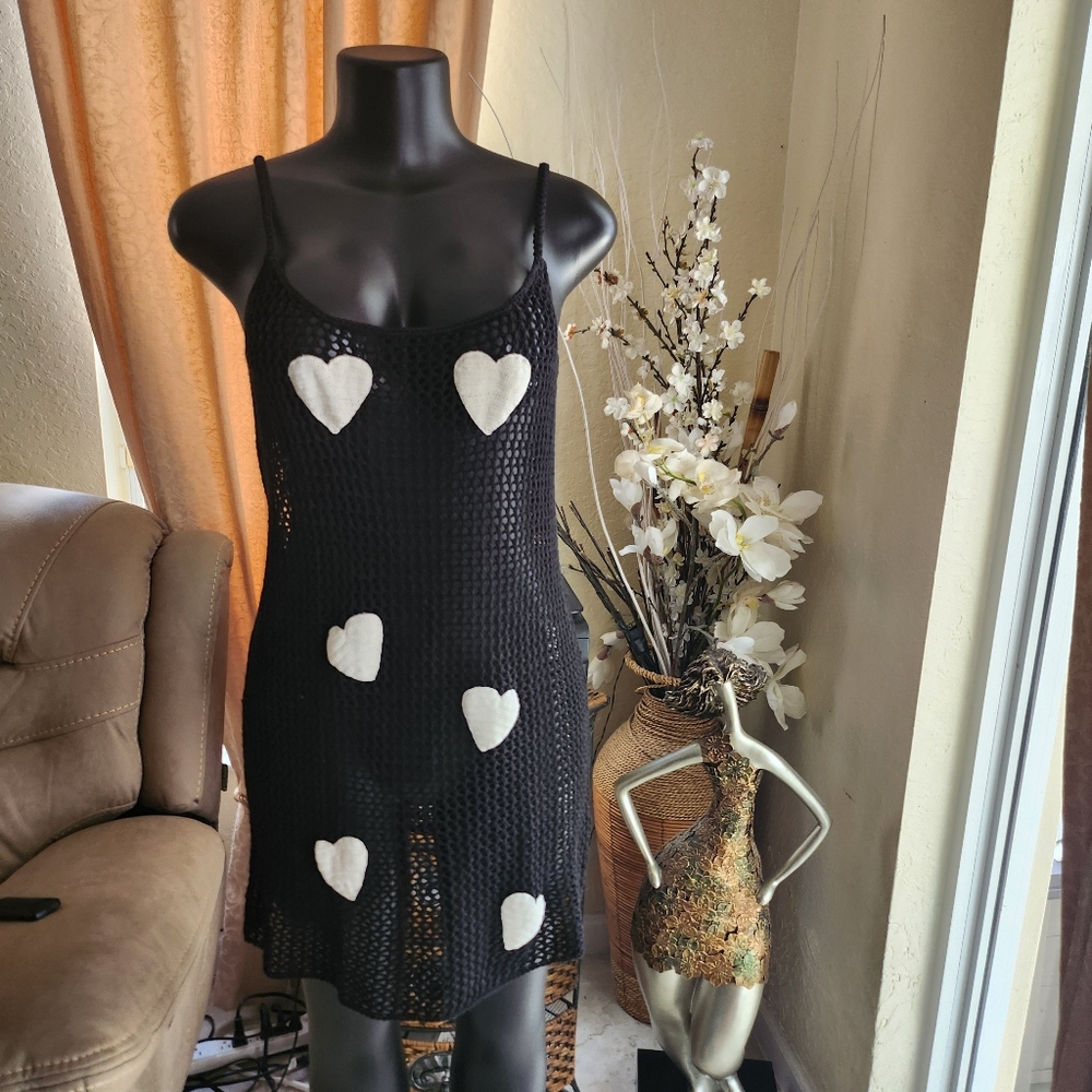 Pitusa Dress Black Crochet Hearts Mini OS - Picture 3 of 7
